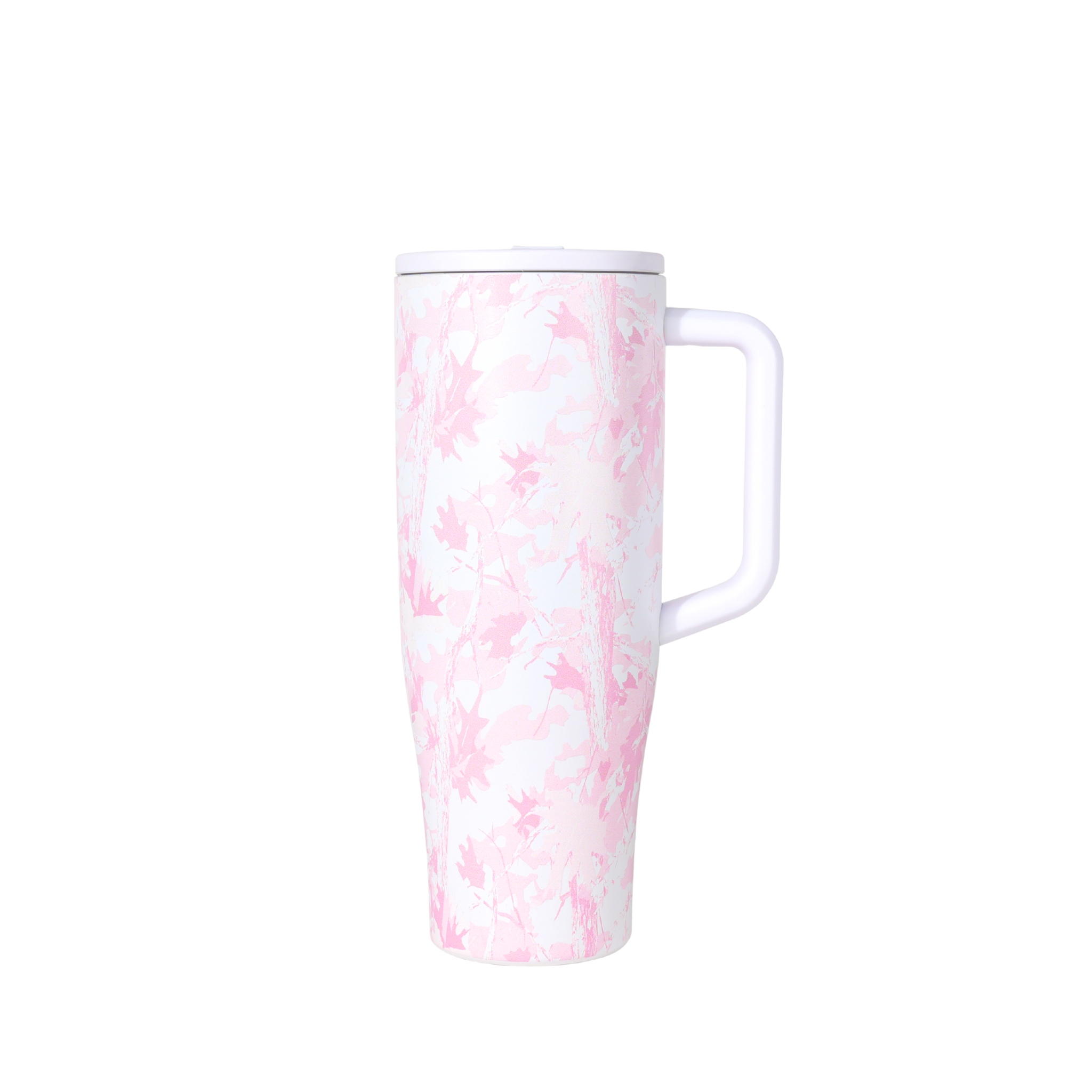 Pink and white marbled travel mug on a white background