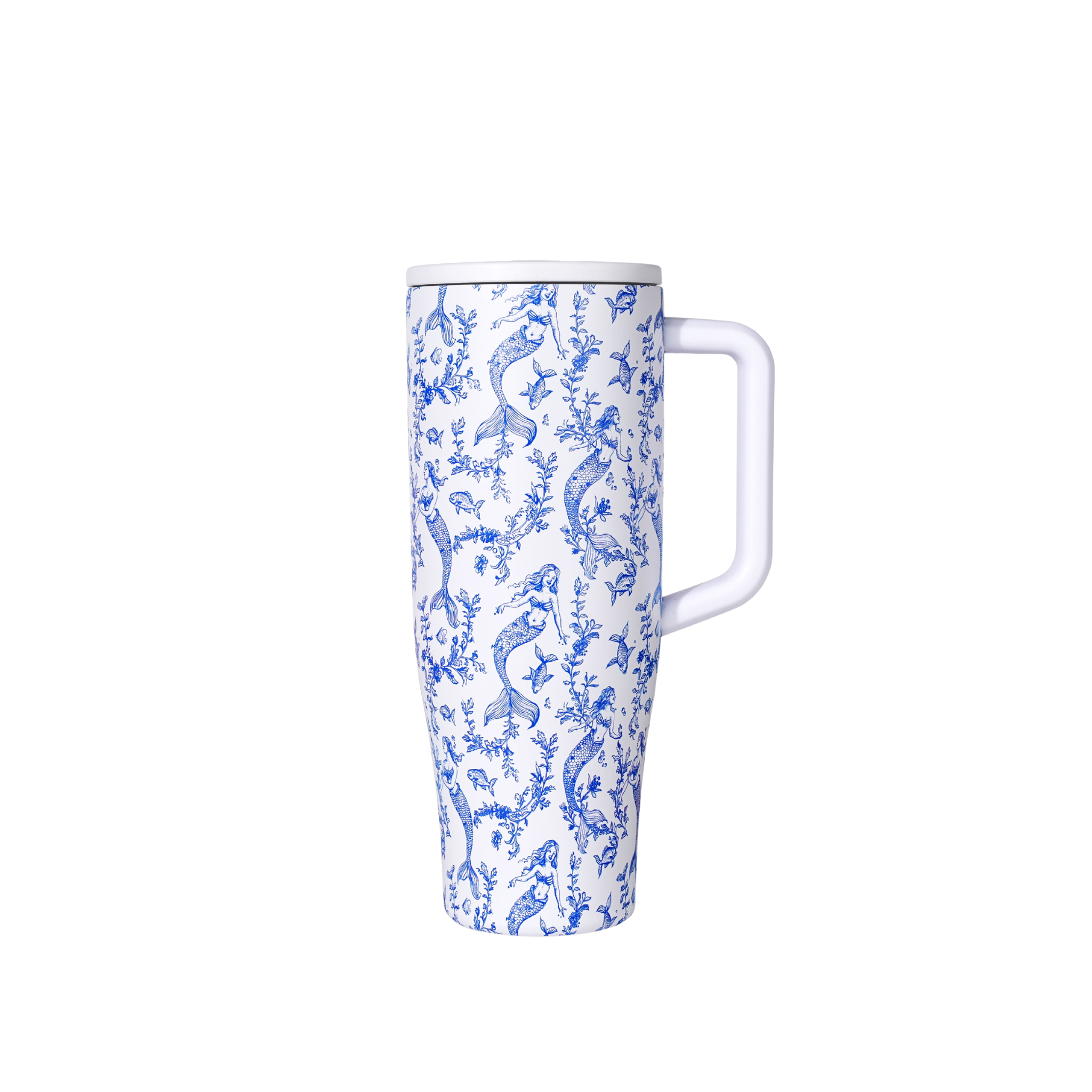 White mug with blue mermaid pattern on a white background