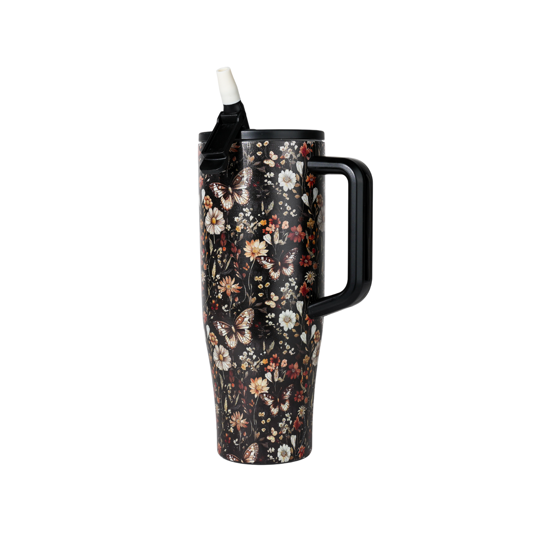 Floral-patterned tumbler with a black handle on a white background