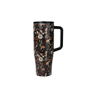 Travel mug with floral and butterfly pattern on a white background