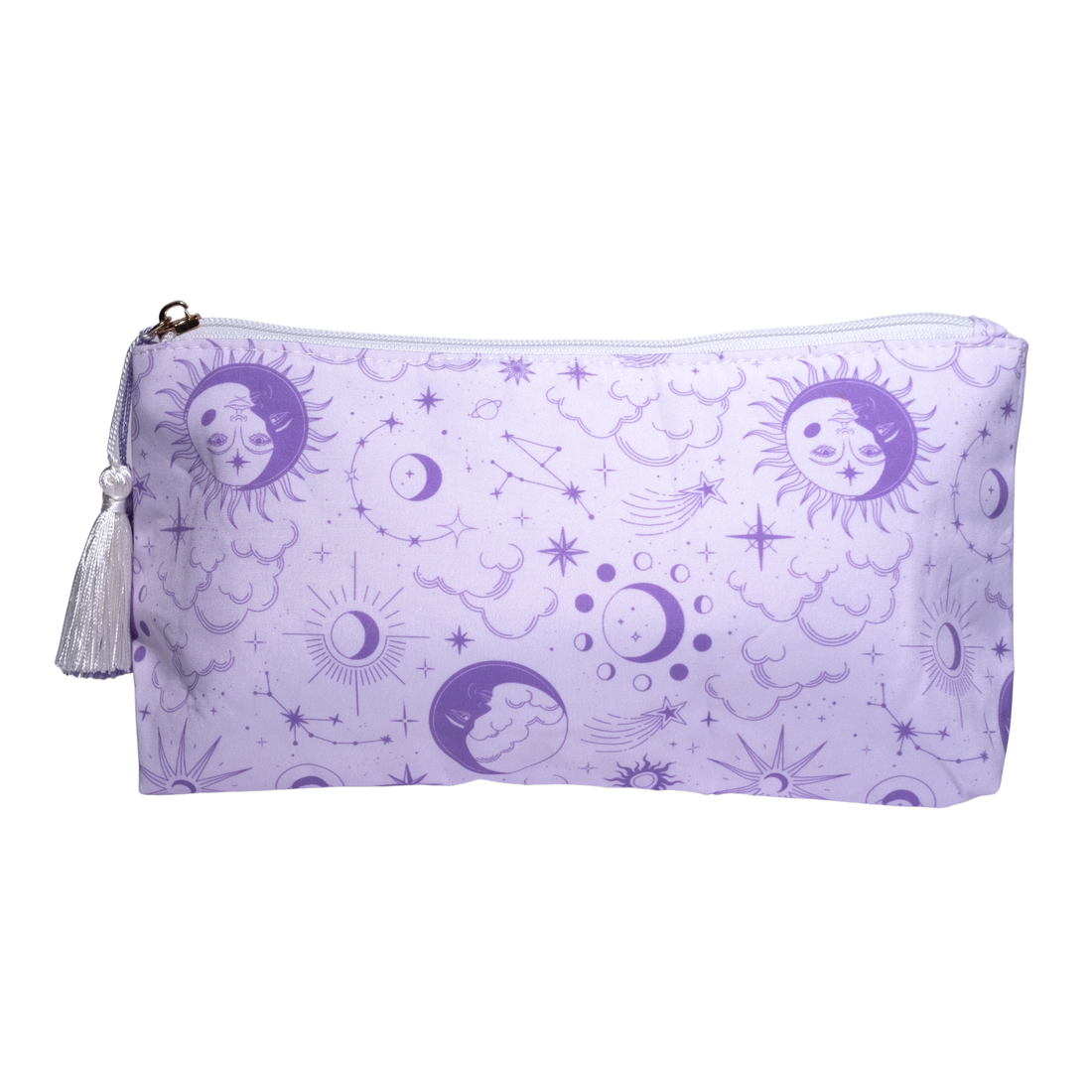 Purple pouch with celestial pattern on a white background