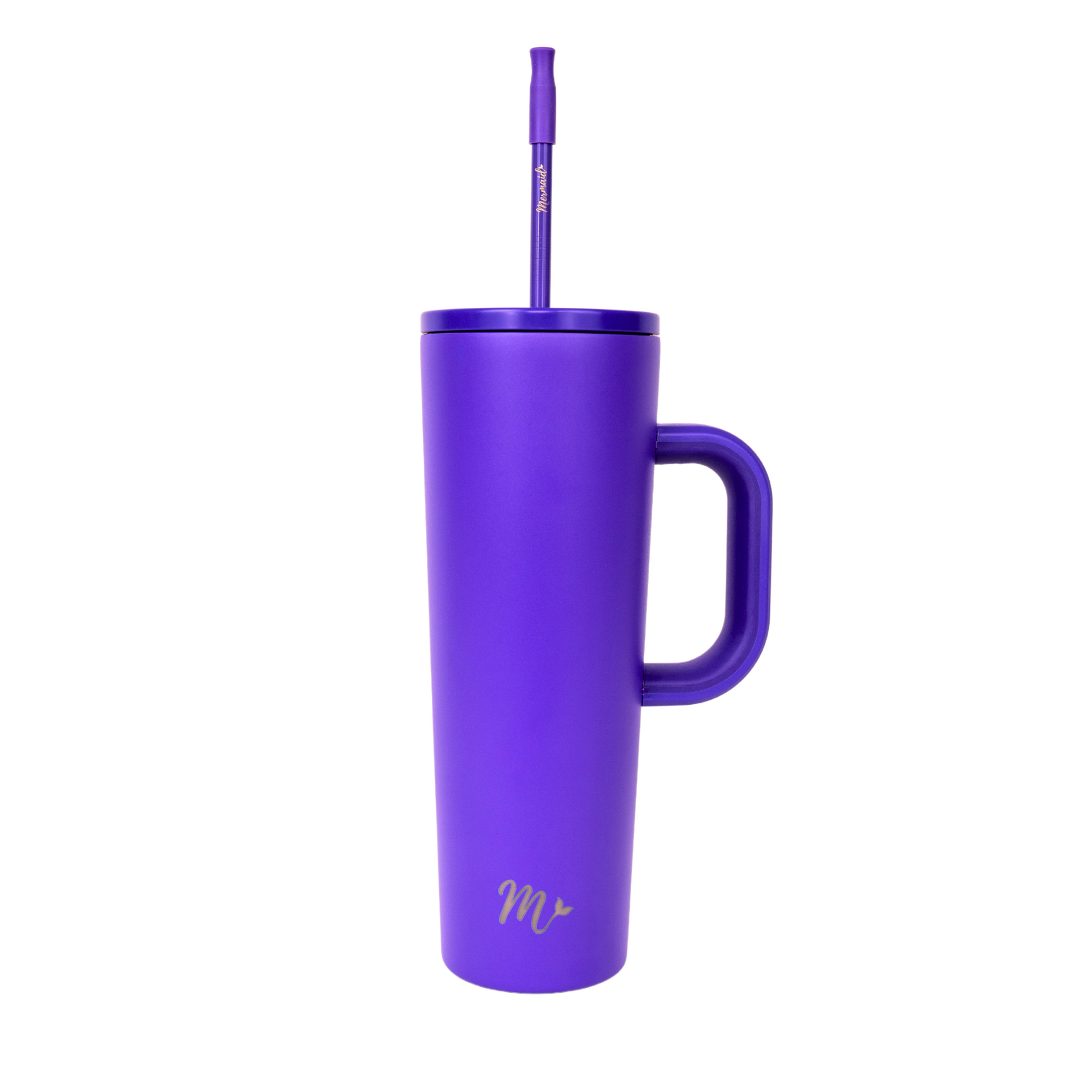Purple 30oz, vacuum insulated tumbler with handle, spill proof insulated straw lid, purple ceramic straw and purple silicon tip; Mermaid Straw