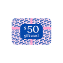 $50 gift card with pink and blue design on a white background