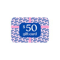 $50 gift card with pink and blue design on a white background