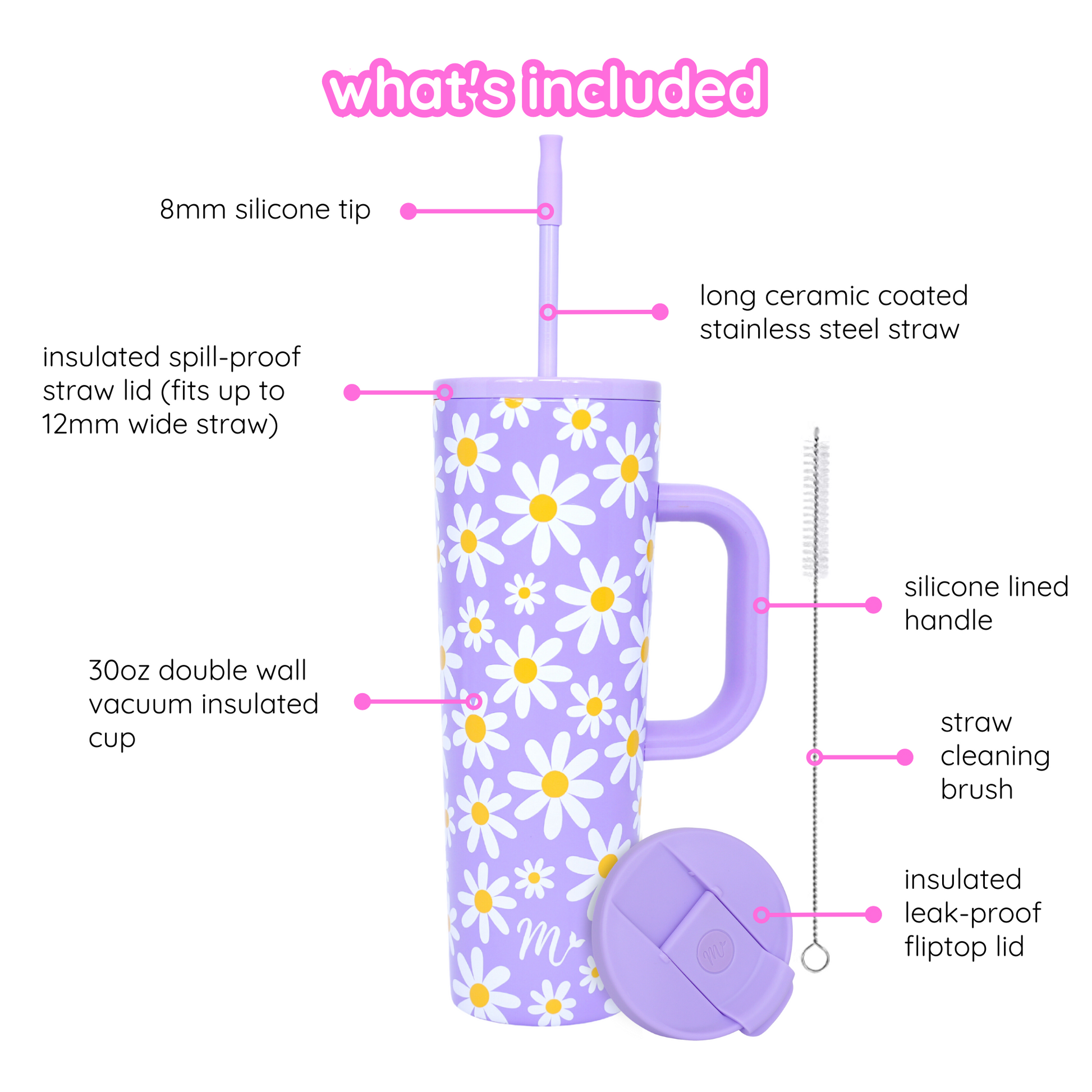 floral tumbler, pastel tumbler, tumbler with handle, trendy 30oz cup, leakproof tumbler, cute trendy cup, travel mug, straw included, keeps drinks cold, aesthetic cup