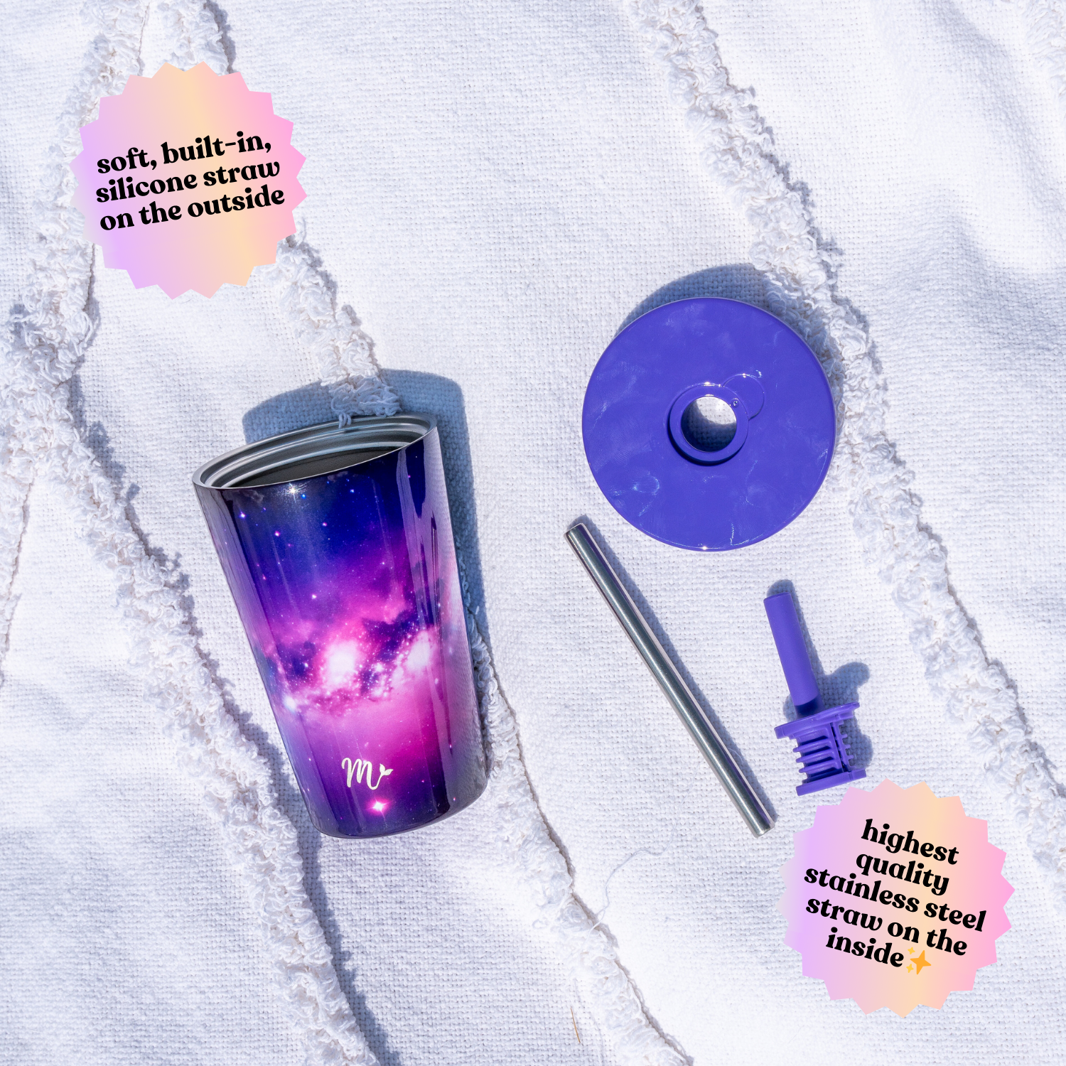 14oz purple, blue and pink galaxy cup with purple lid, soft built in silicone straw on the outside and a high quality stainless steel straw for the inside