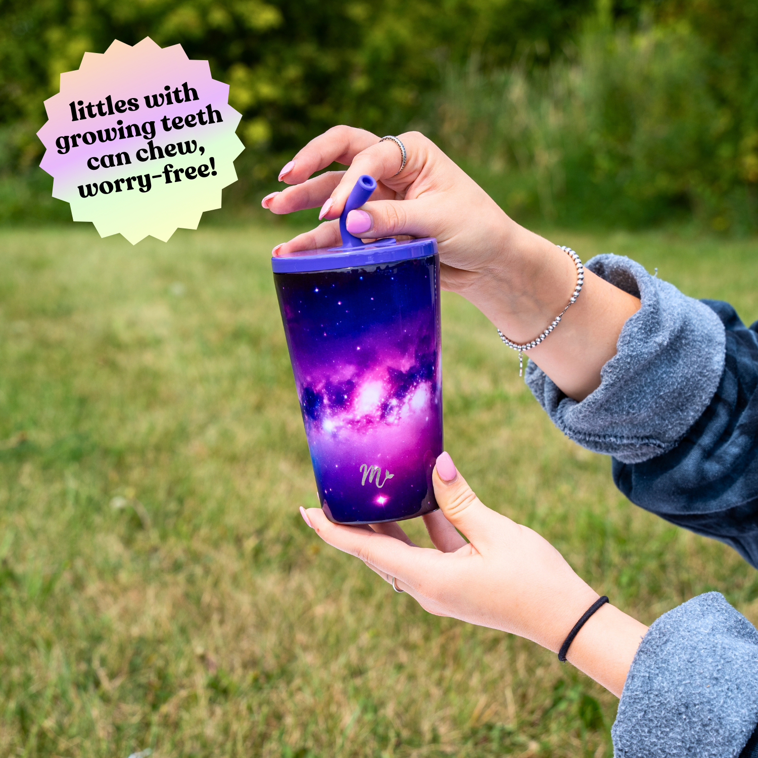 14oz purple, pink and blue galaxy cup with green lid, soft built in silicone straw on the outside and a high quality stainless steel straw for the inside