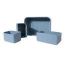 Blue divided silicone bento box on a white background