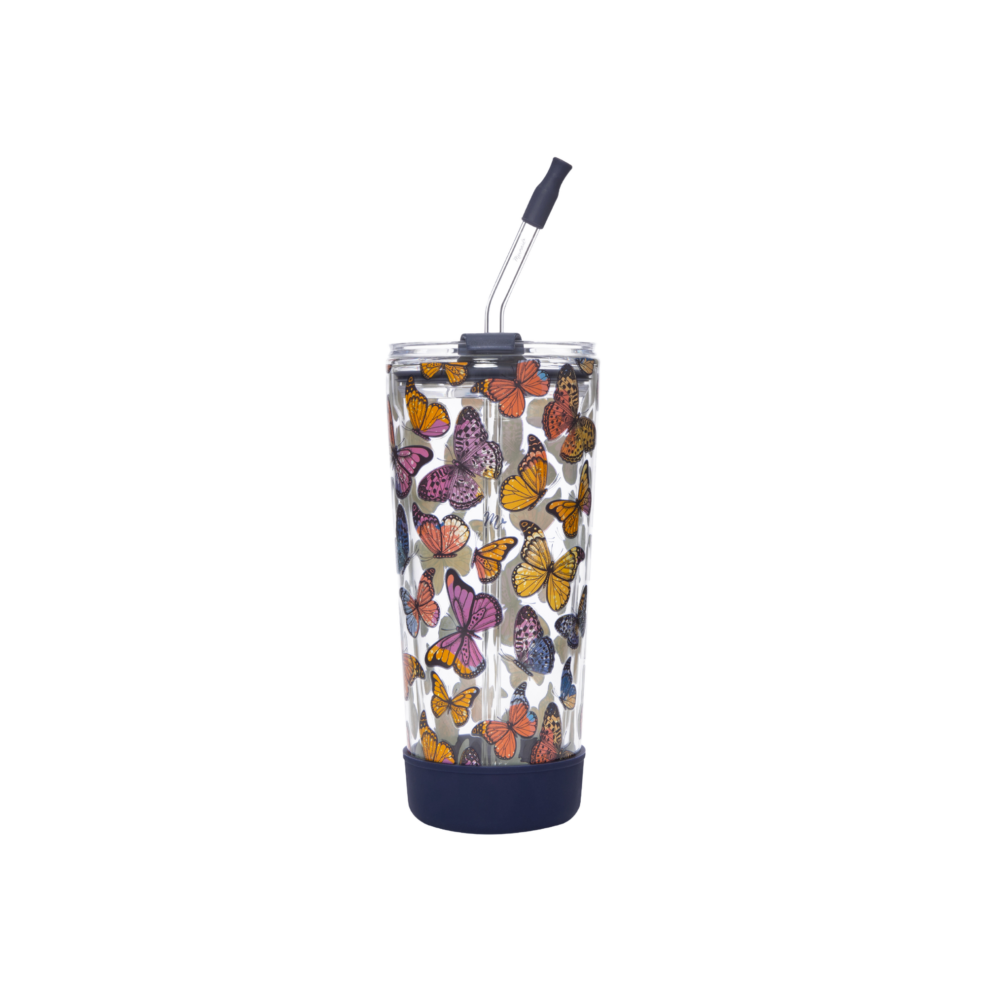 20oz double-wall vacuum insulated glass cup with vibrant butterfly design and a glass straw with a silicone tip