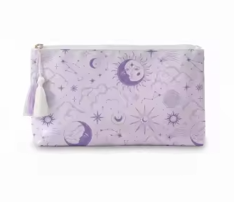 Purple pouch with celestial pattern on a white background