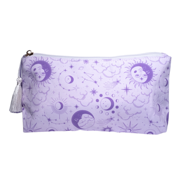 A lavender zippered pouch featuring a celestial print of purple suns, crescent moons, stars, and clouds, complete with a silver zipper and a white tassel charm.
