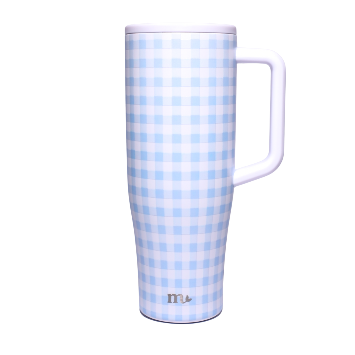 A tall insulated travel mug with a light blue and white gingham check pattern, featuring a white handle, white lid, and a small silver 'm' logo near the bottom.
