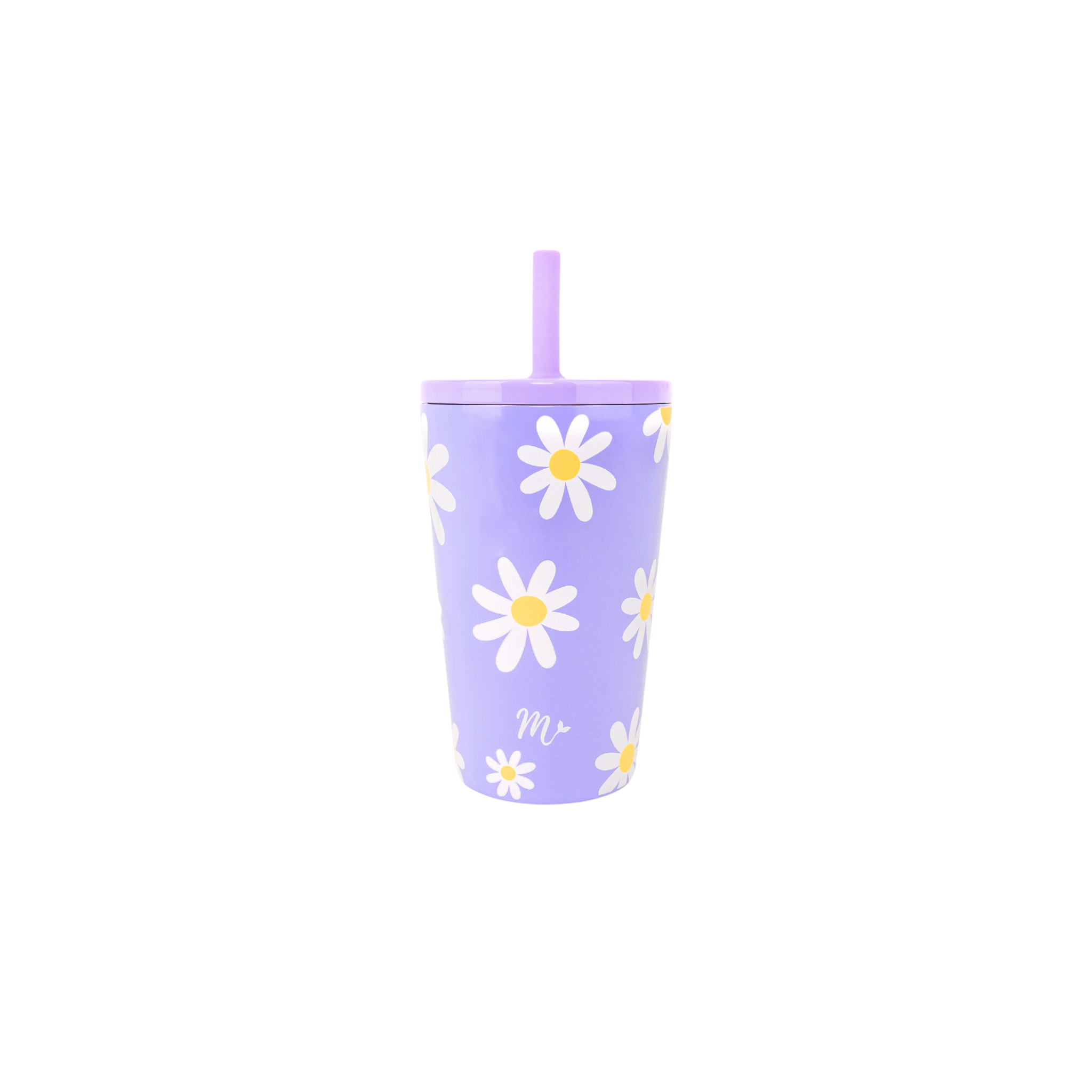 4 oz stainless steel cup with a daisies floral design in green, featuring a lavender straw, against a plain white background.