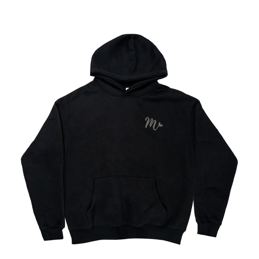 Black hoodie with a minimalist design, featuring a subtle embossed logo on the left chest. The hoodie includes a front pouch pocket, adjustable drawstring hood, and offers a sleek, stylish look perfect for casual wear.