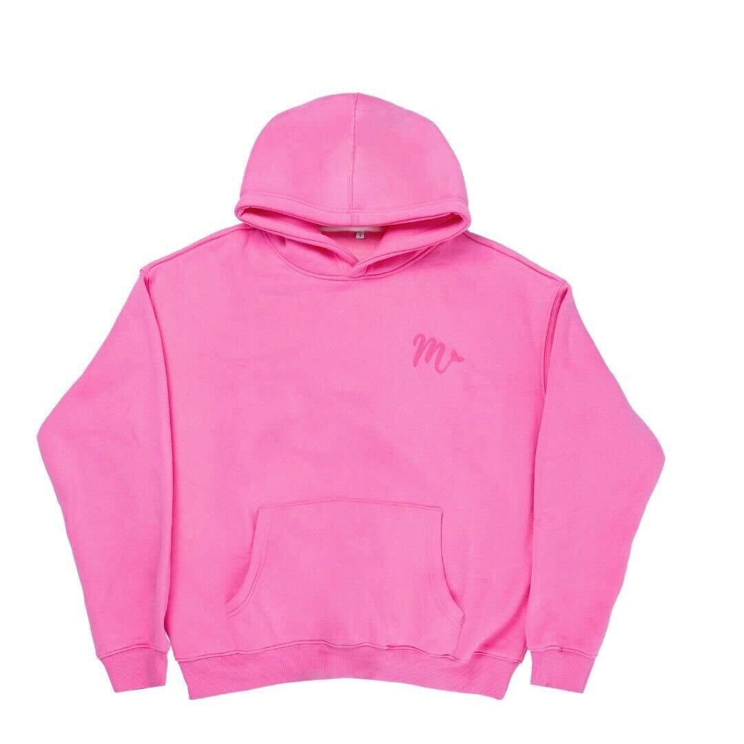 Bright pink hoodie with a minimalist design, featuring a subtle logo on the left chest. Made from soft, comfortable material, perfect for casual wear. The hoodie includes a front pouch pocket and an adjustable drawstring hood for added warmth and style