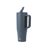 Blue insulated mug with handle on a white background