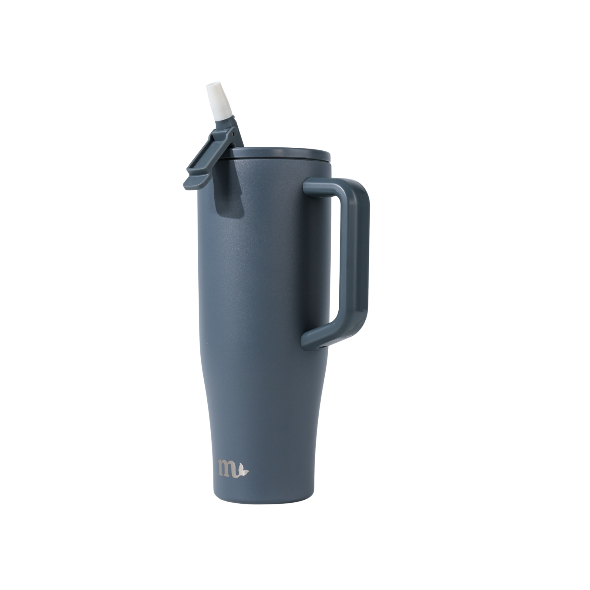 Blue insulated mug with handle and straw lid on a white background