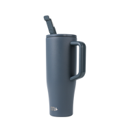 Blue insulated mug with handle and straw on a white background