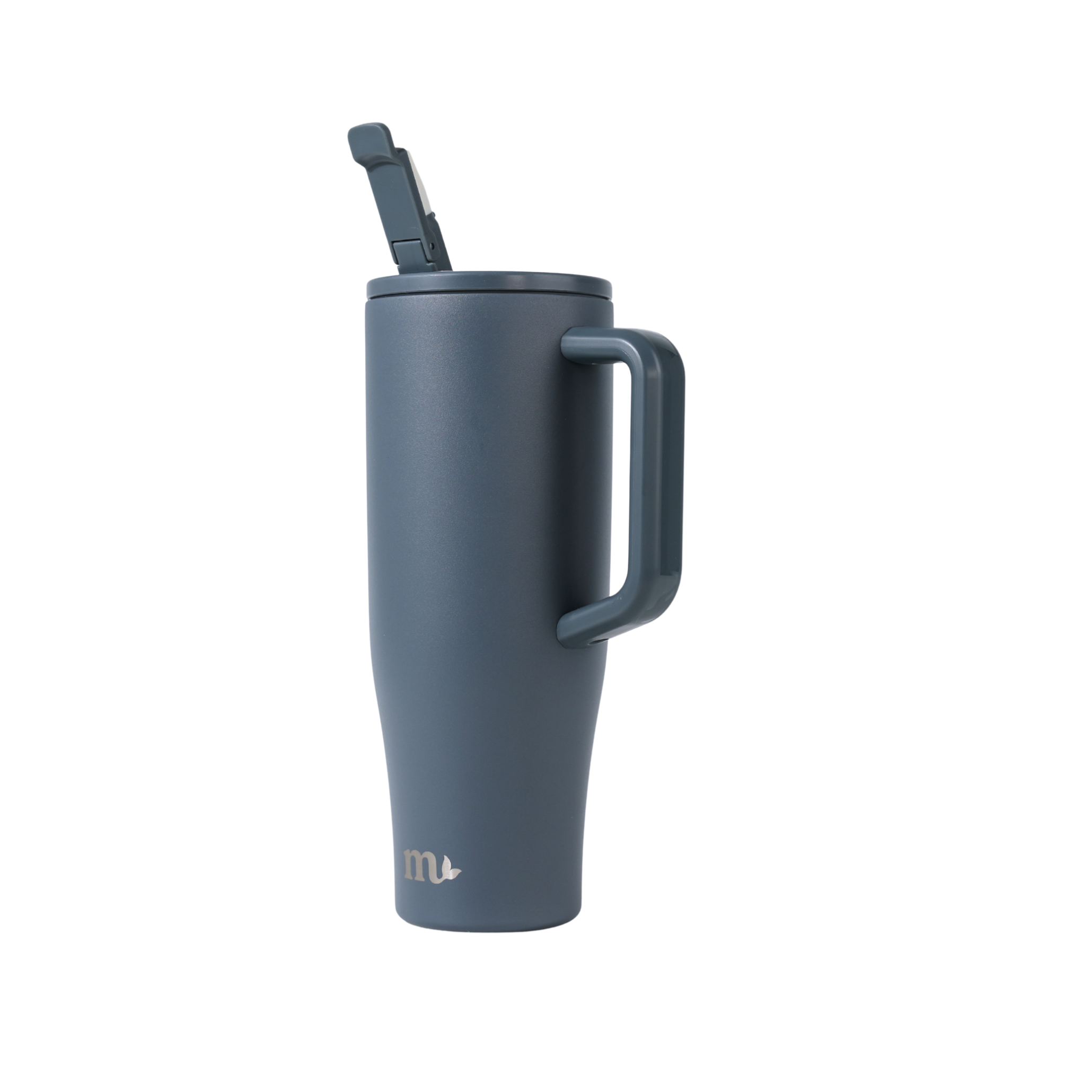 Blue insulated mug with handle and straw on a white background