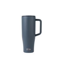 Blue insulated mug with handle on a white background