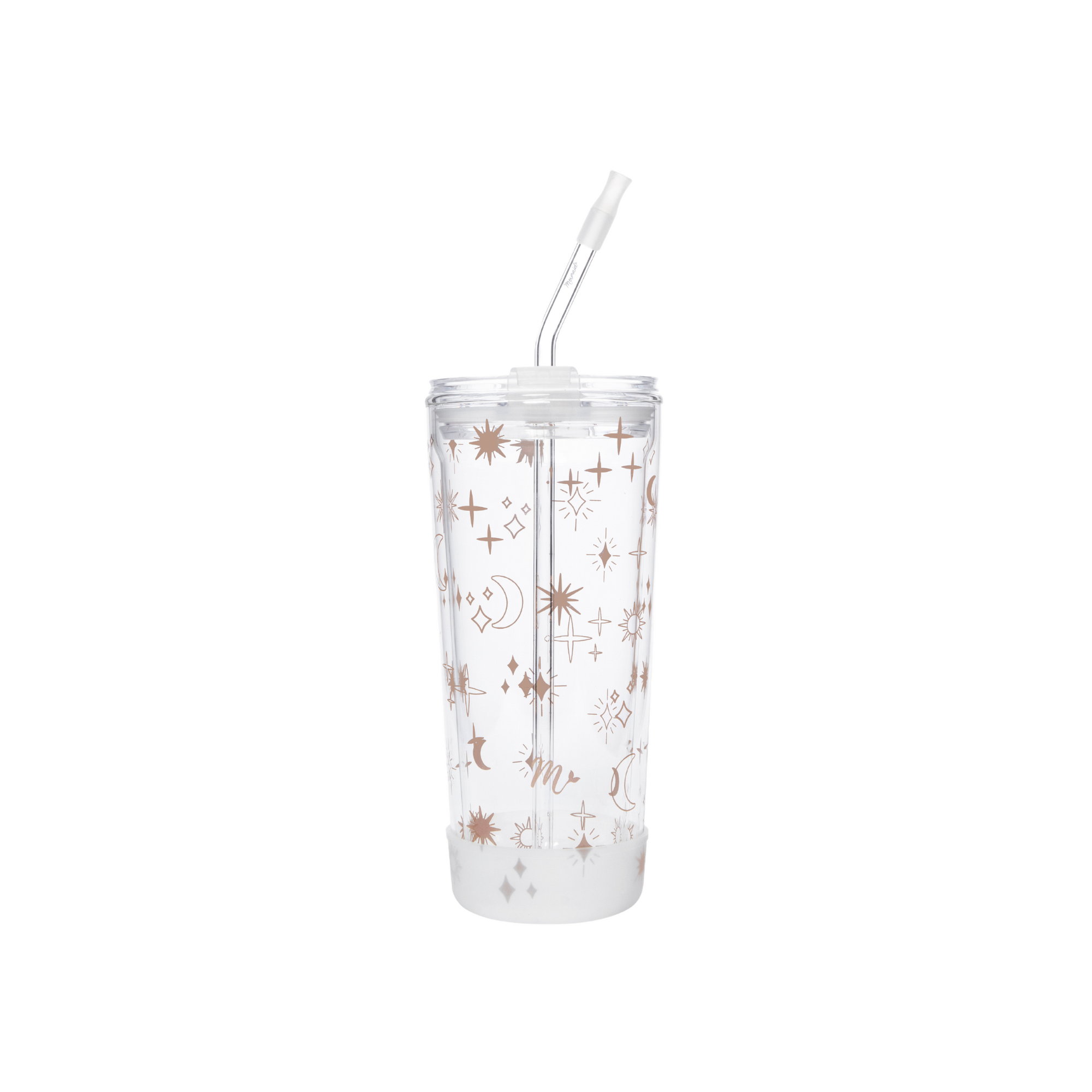 20oz double-wall vacuum insulated glass cup with celestial design and a glass straw with a silicone tip.