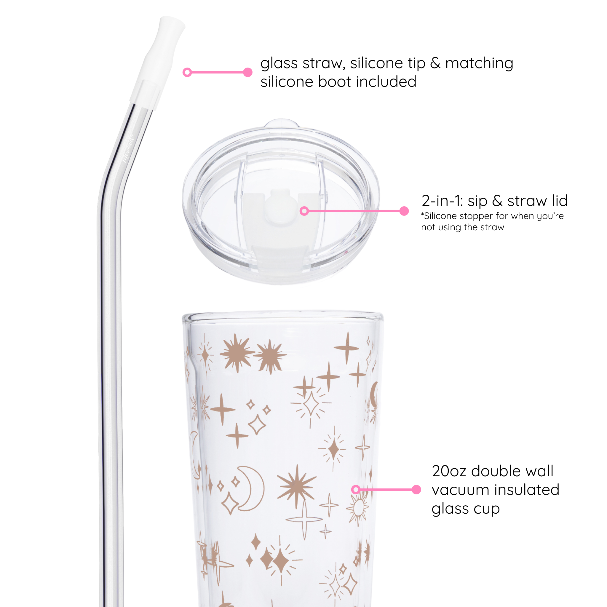 Close-up of a 20oz double-wall vacuum insulated glass cup with celestial design, showing the glass straw with silicone tip, 2-in-1 sip and straw lid, and matching silicone boot.