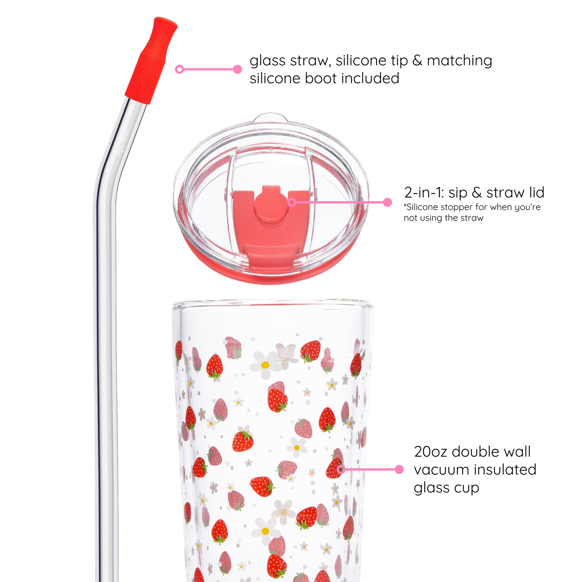 Close-up of a 20oz double-wall vacuum insulated glass cup with strawberry design, showing the glass straw with silicone tip, 2-in-1 sip and straw lid, and matching silicone boot.