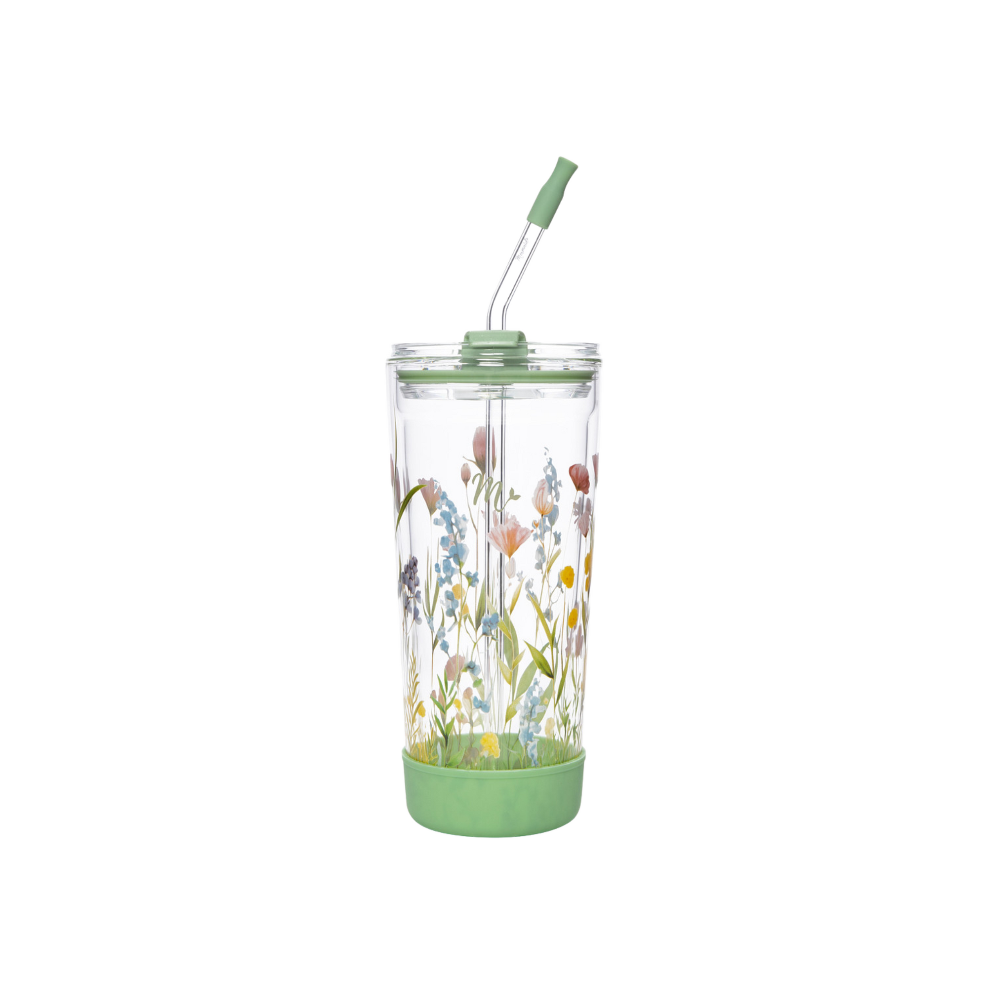 20oz double-wall vacuum insulated glass cup with a vibrant wildflower design and a glass straw with a green silicone tip.