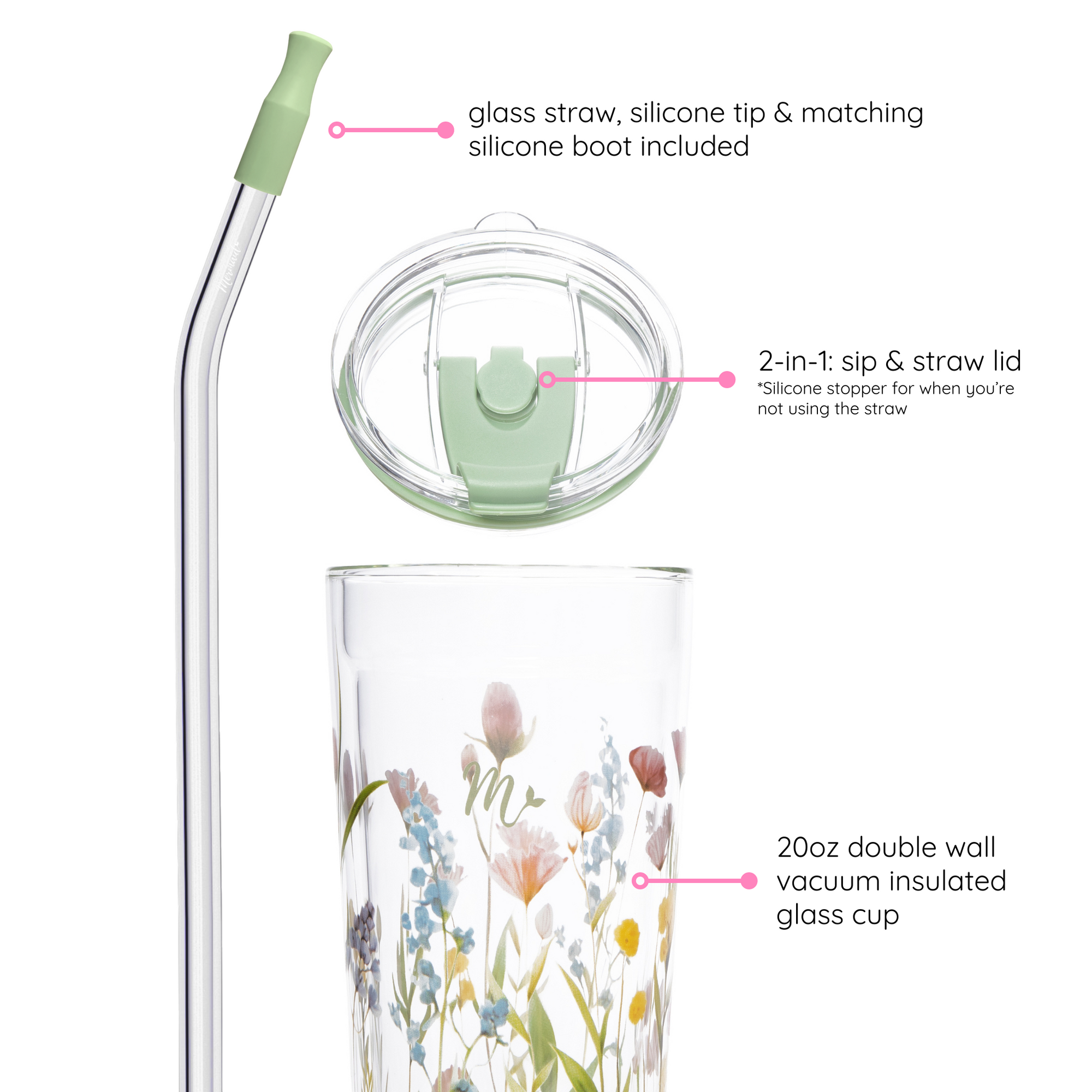 Close-up of a 20oz double-wall vacuum insulated glass cup with wildflower design, showing the glass straw with silicone tip, 2-in-1 sip and straw lid, and matching silicone boot.