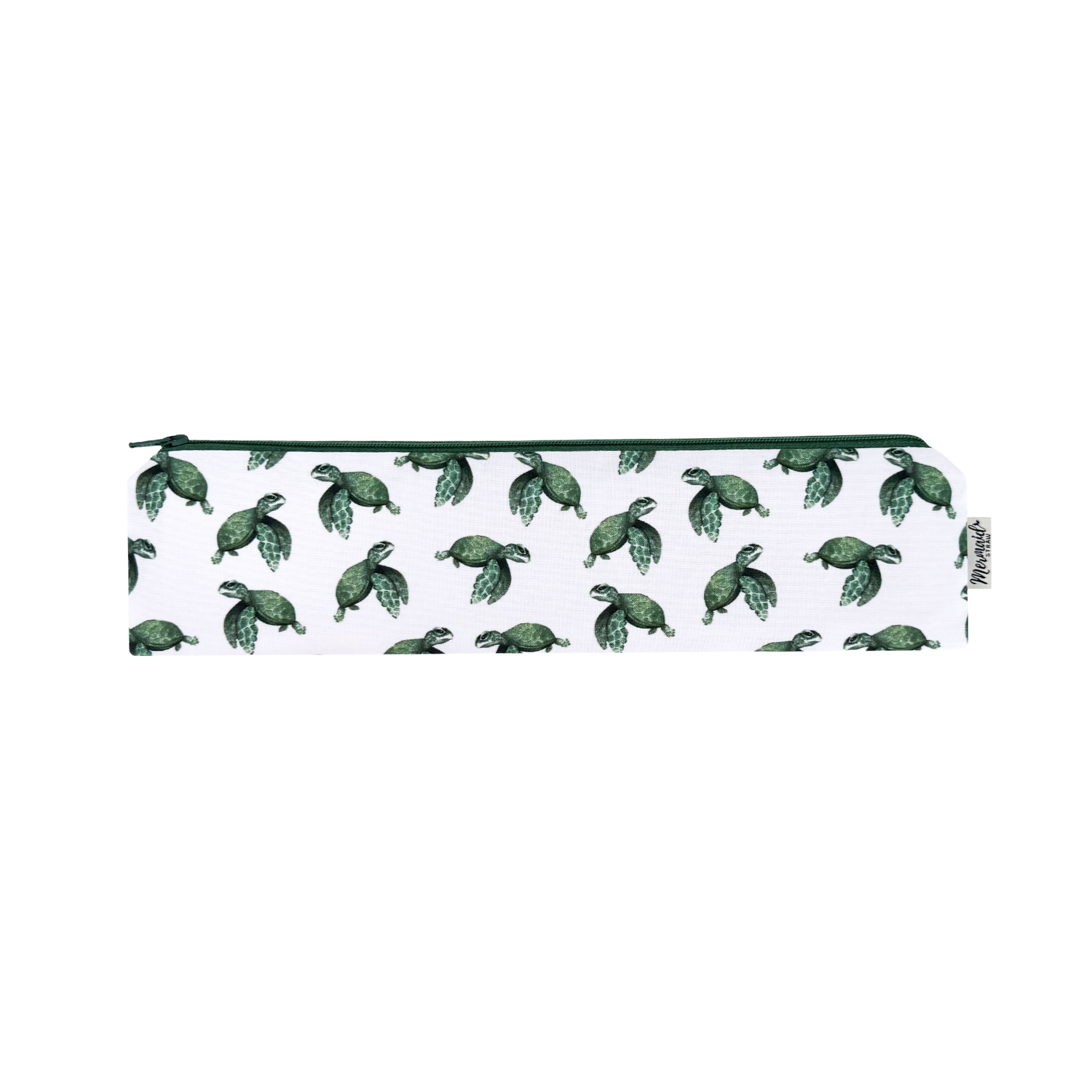 White zipper pouch with a pattern of green baby sea turtles, perfect for ocean lovers.