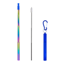 Telescopic rainbow-colored straw with a pink silicone tip and blue case with carabiner on a white background