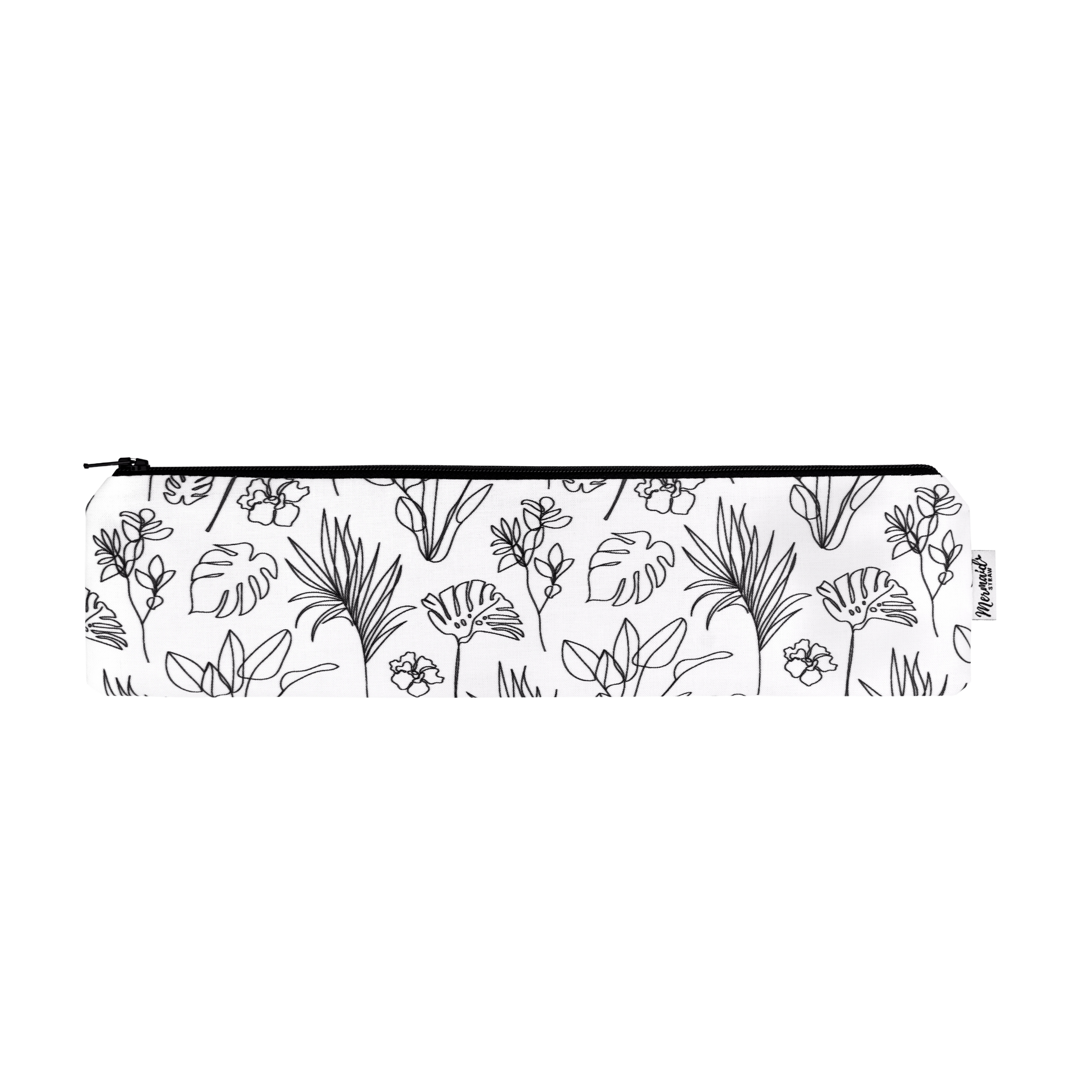 Handmade black and white botanical zipper pouch; mermaid straw