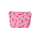 Pink pouch with cherry pattern on a white background