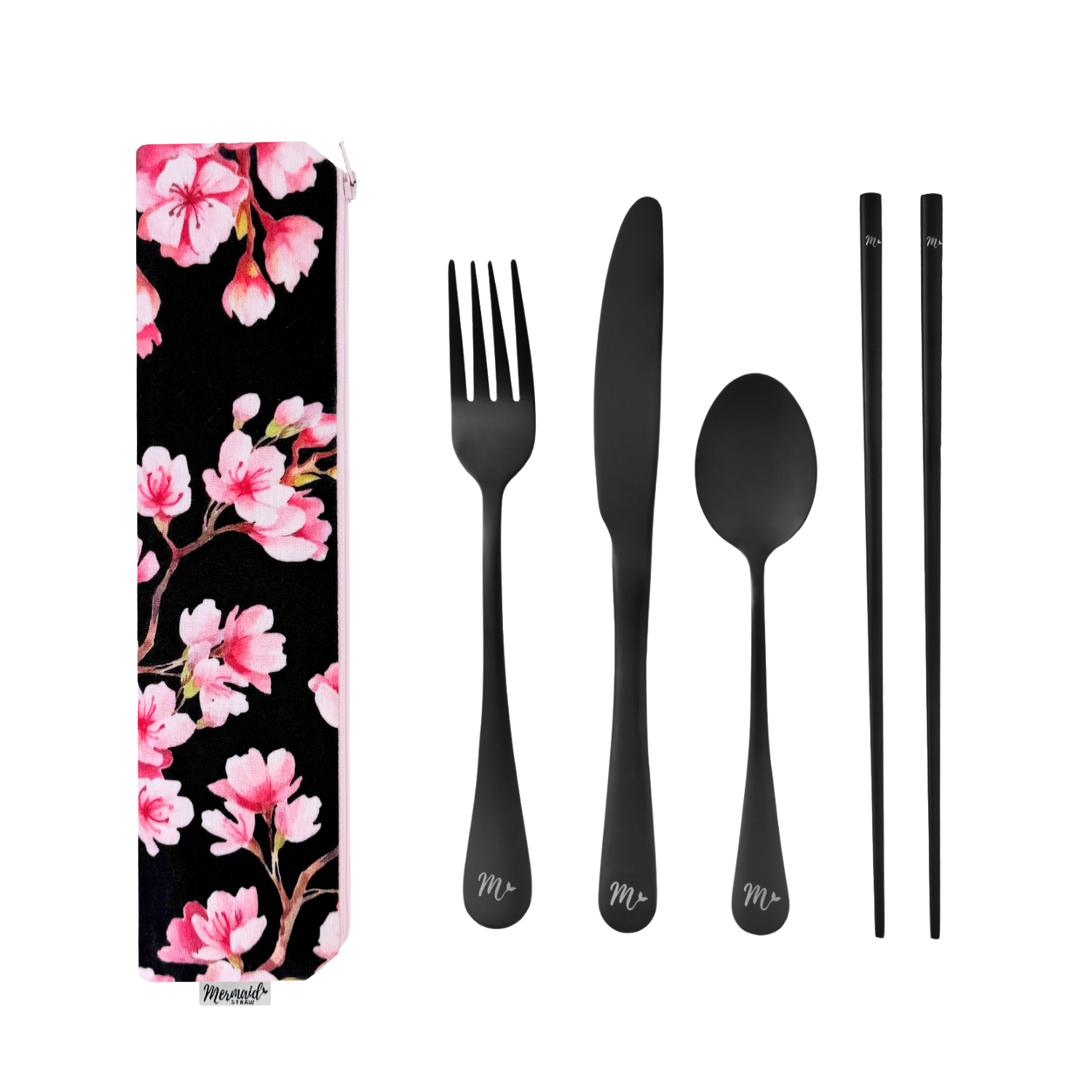 Elegant cherry blossom travel flatware set with black cutlery and chopsticks, complete with a floral pouch.