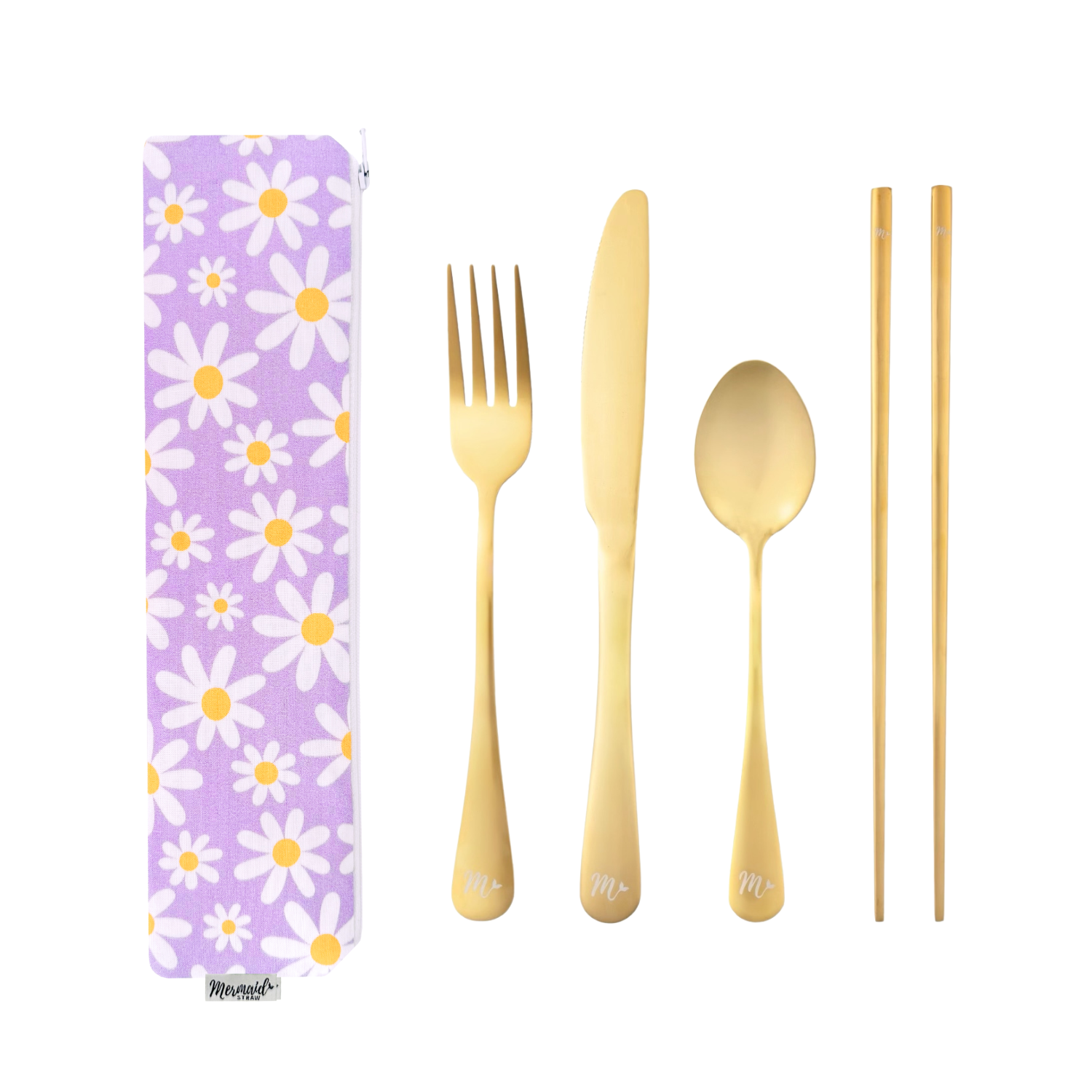 Cheerful daisies print travel flatware set with gold cutlery and chopsticks, perfect for on-the-go meals.