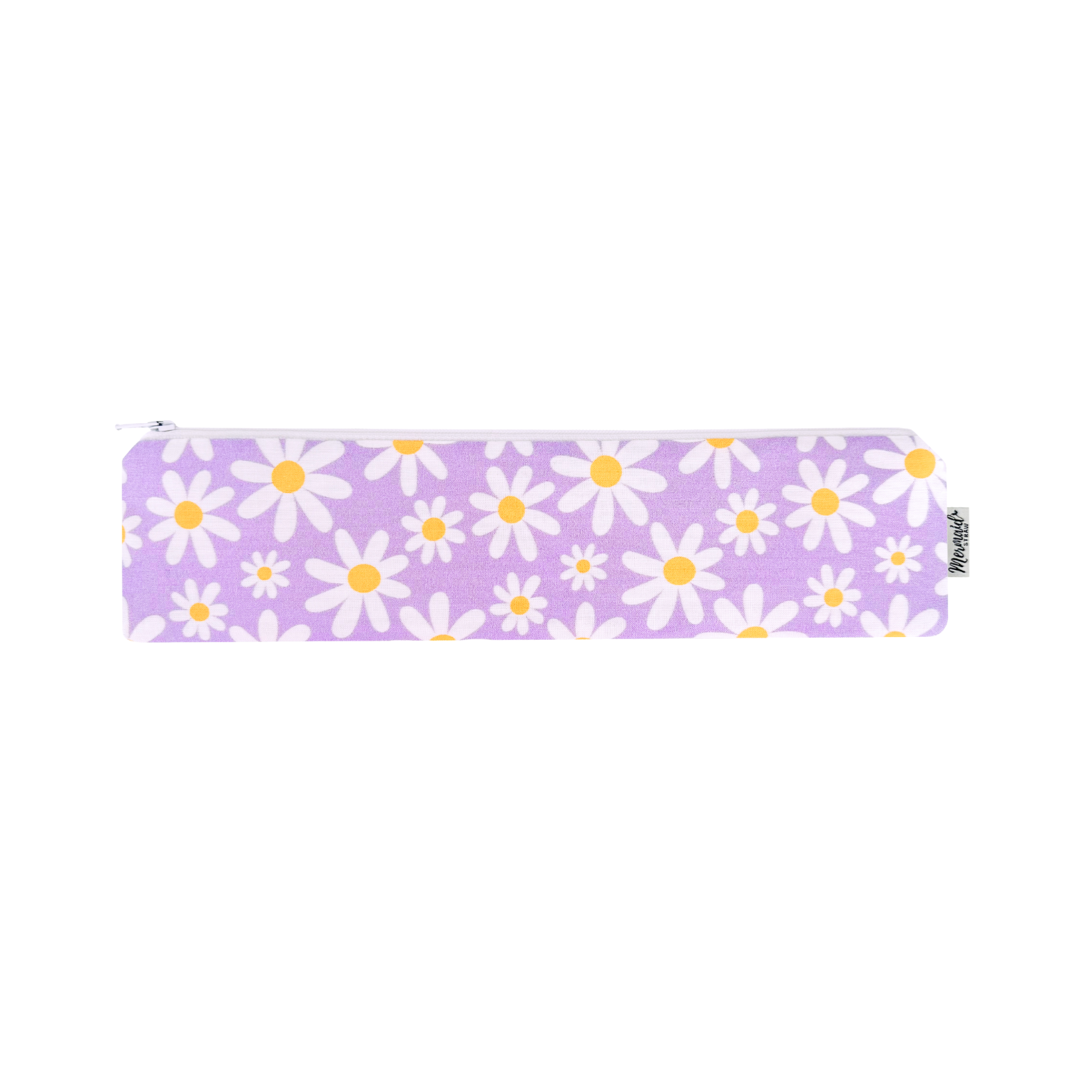 Lavender zipper pouch with white and yellow daisy pattern, a cheerful floral accessory.
