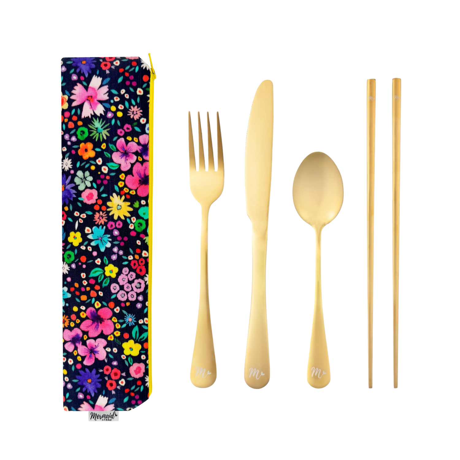 Vibrant floral print travel flatware set with gold cutlery and chopsticks, adding a colorful touch to dining.