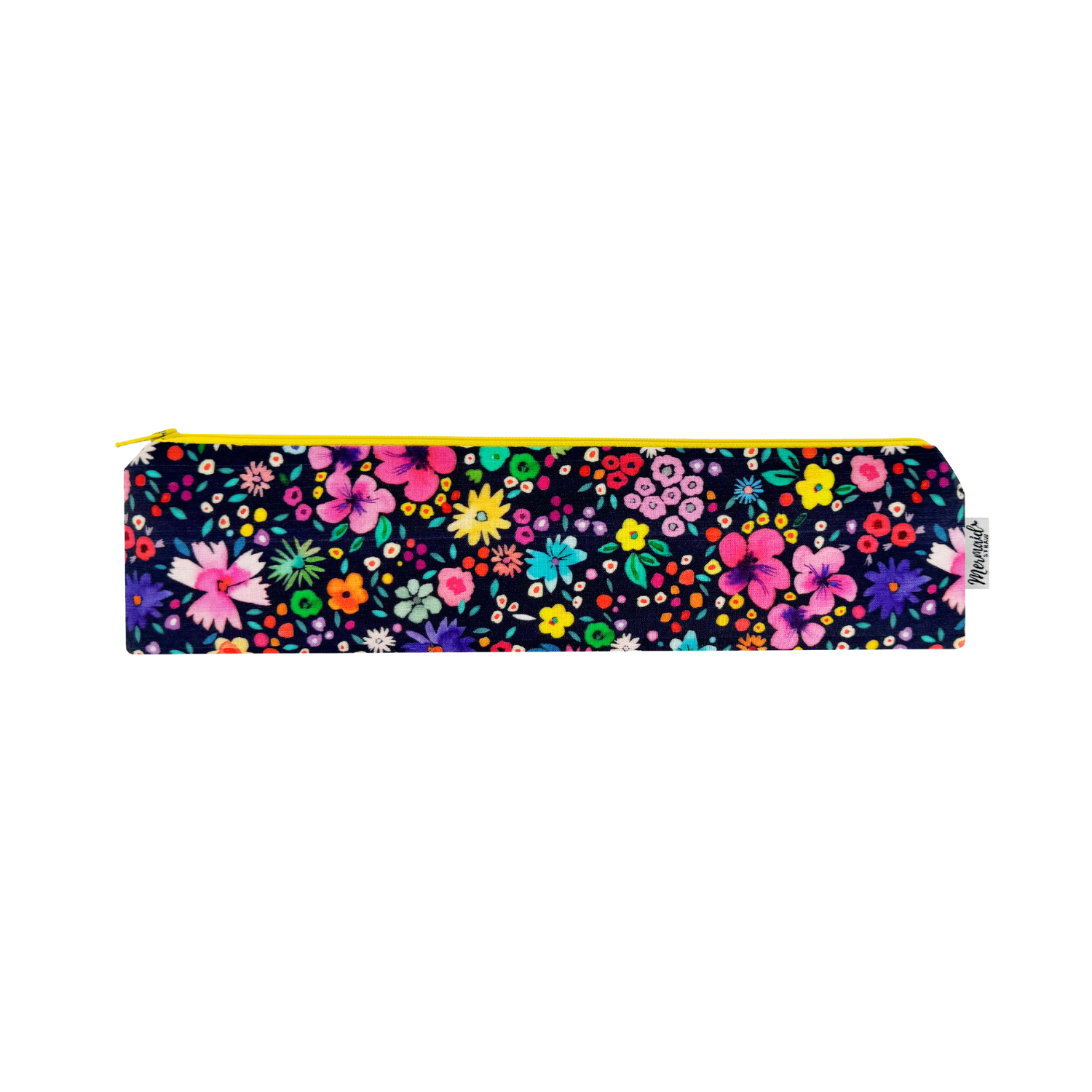 Colorful zipper pouch with a vibrant floral print on a dark background, full of personality.