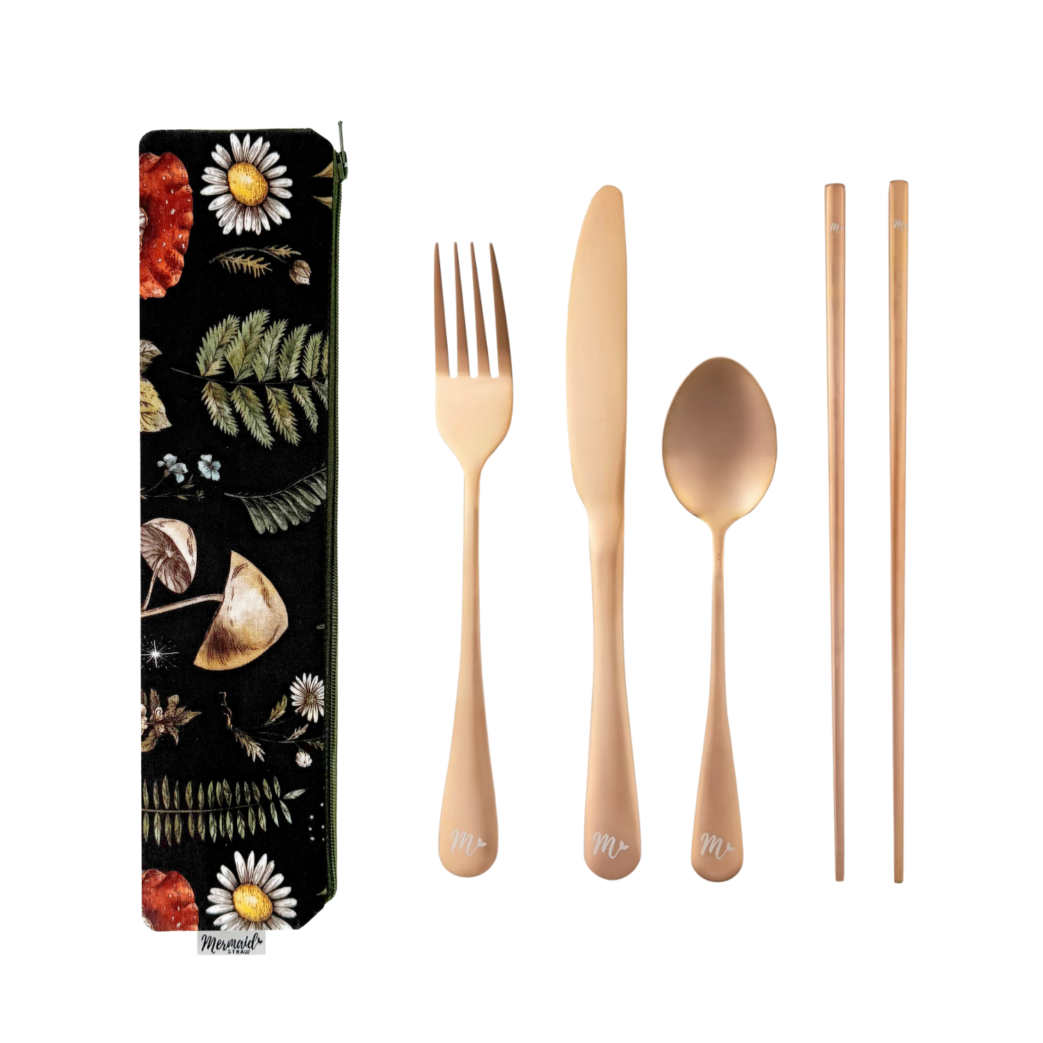 Nature-inspired enchanted forest travel flatware set with a matching pouch and rose gold cutlery.