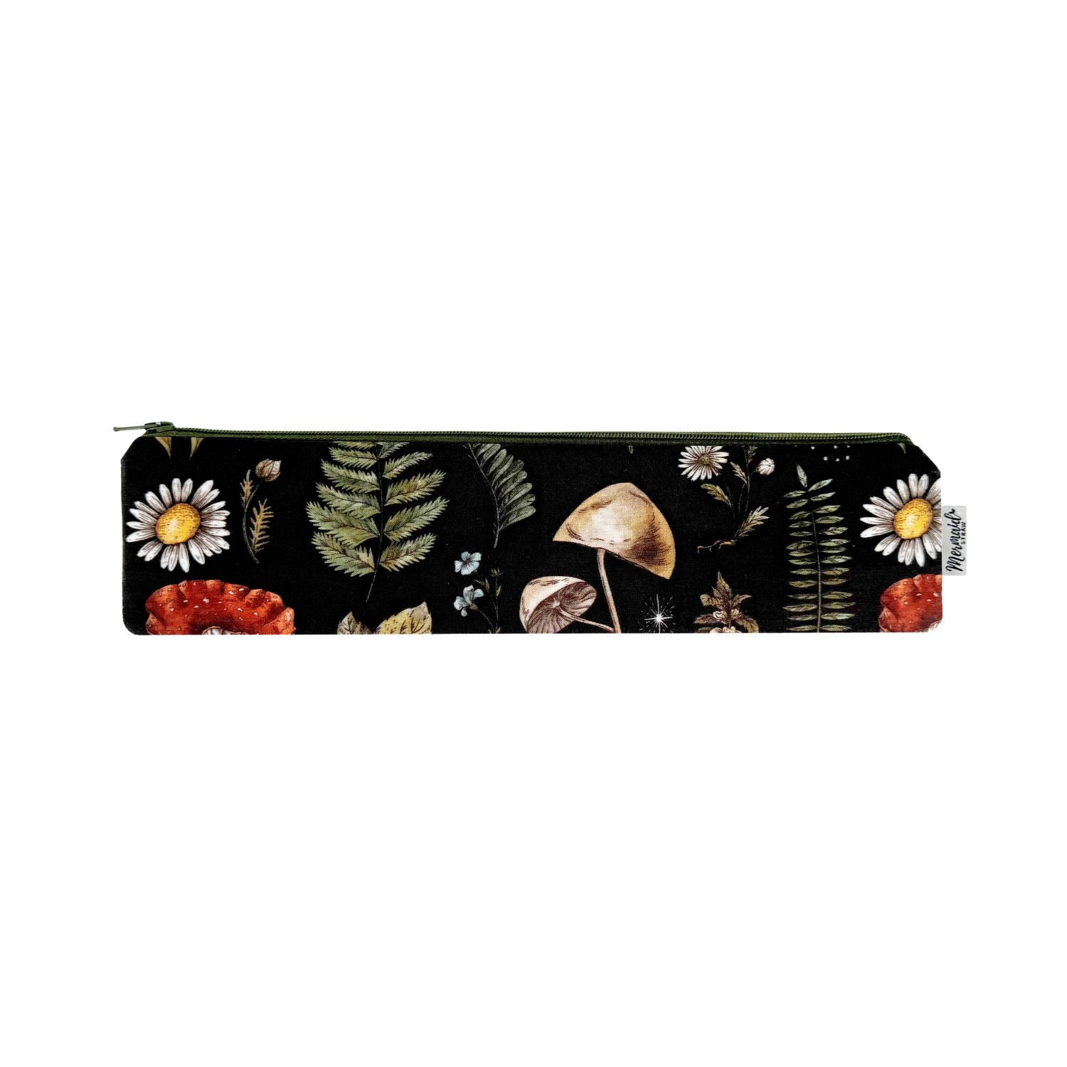 Black zipper pouch with a nature-inspired pattern of mushrooms, ferns, and wildflowers.