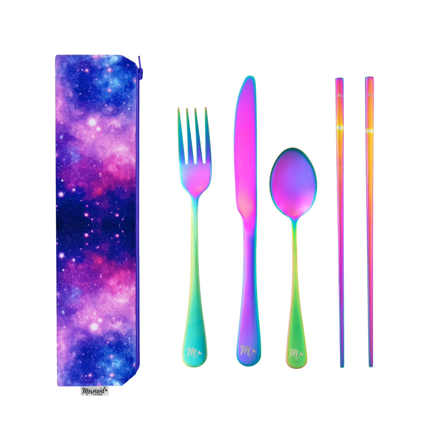 Galaxy print travel flatware set with rainbow cutlery and chopsticks, ideal for lovers of all things cosmic.
