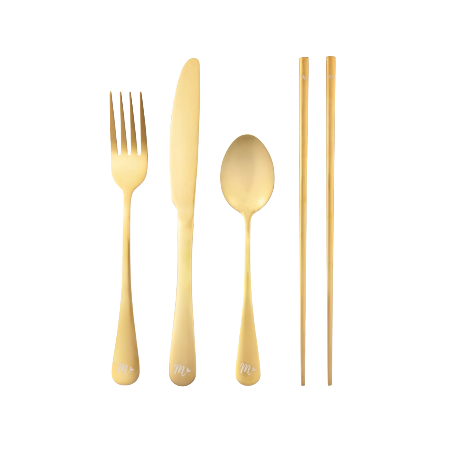 Sleek gold flatware set with cutlery and chopsticks, a chic and versatile addition to any meal.