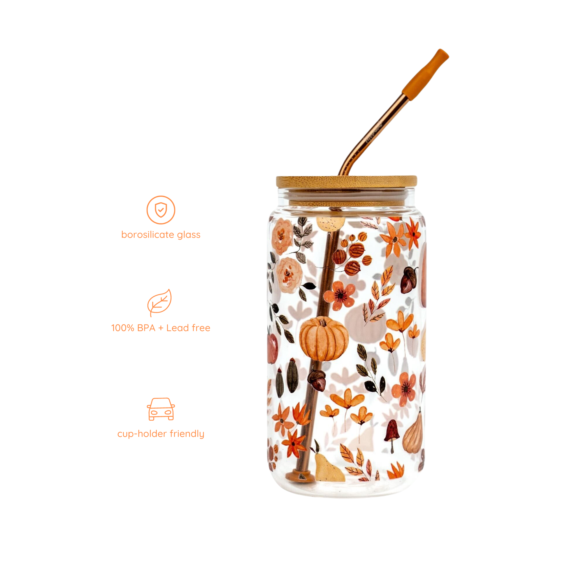 utumn-themed glass tumbler with reusable straw, made from borosilicate glass, BPA-free and lead-free, cup-holder friendly.