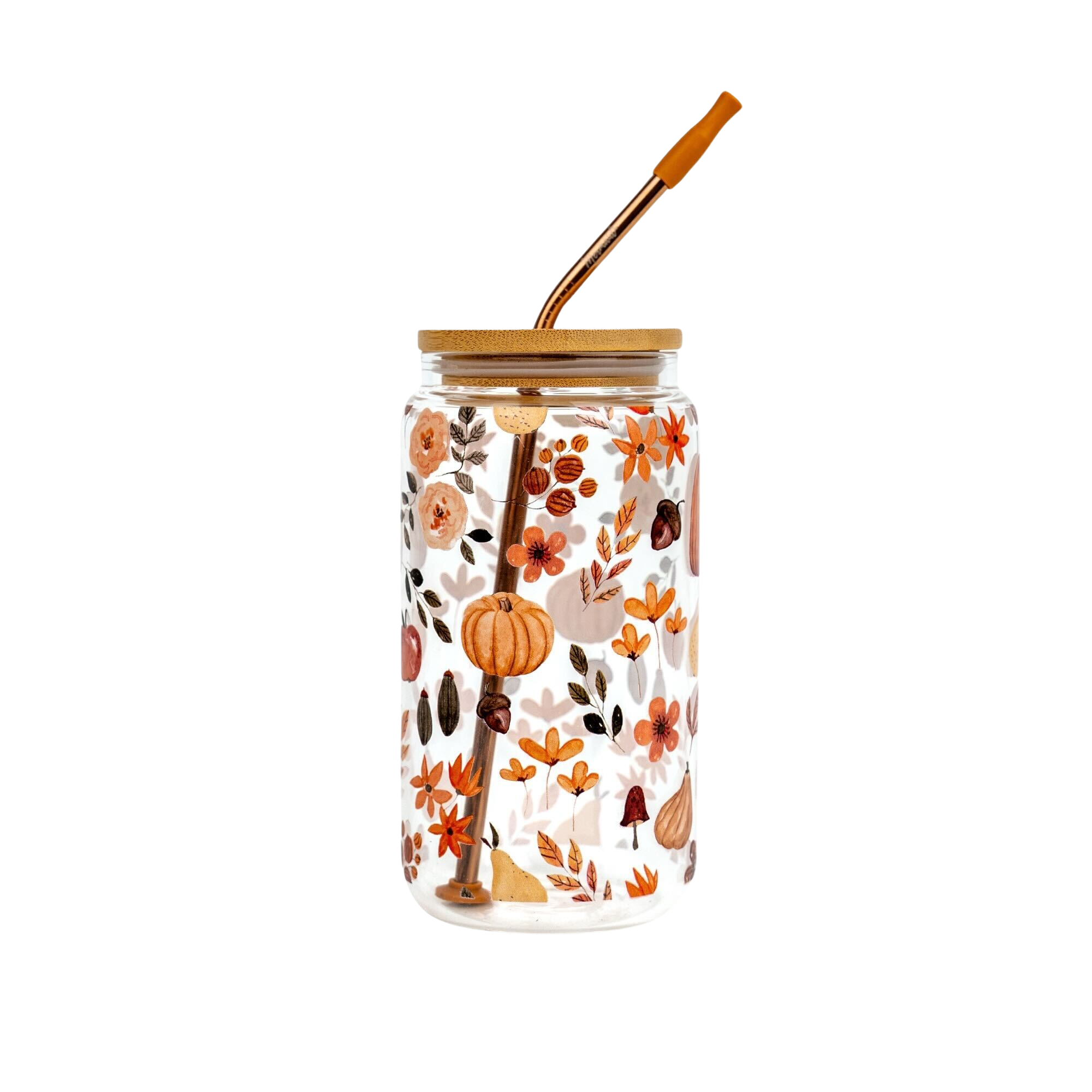 Glass tumbler with a wooden lid and reusable straw, featuring autumn-themed floral and pumpkin design