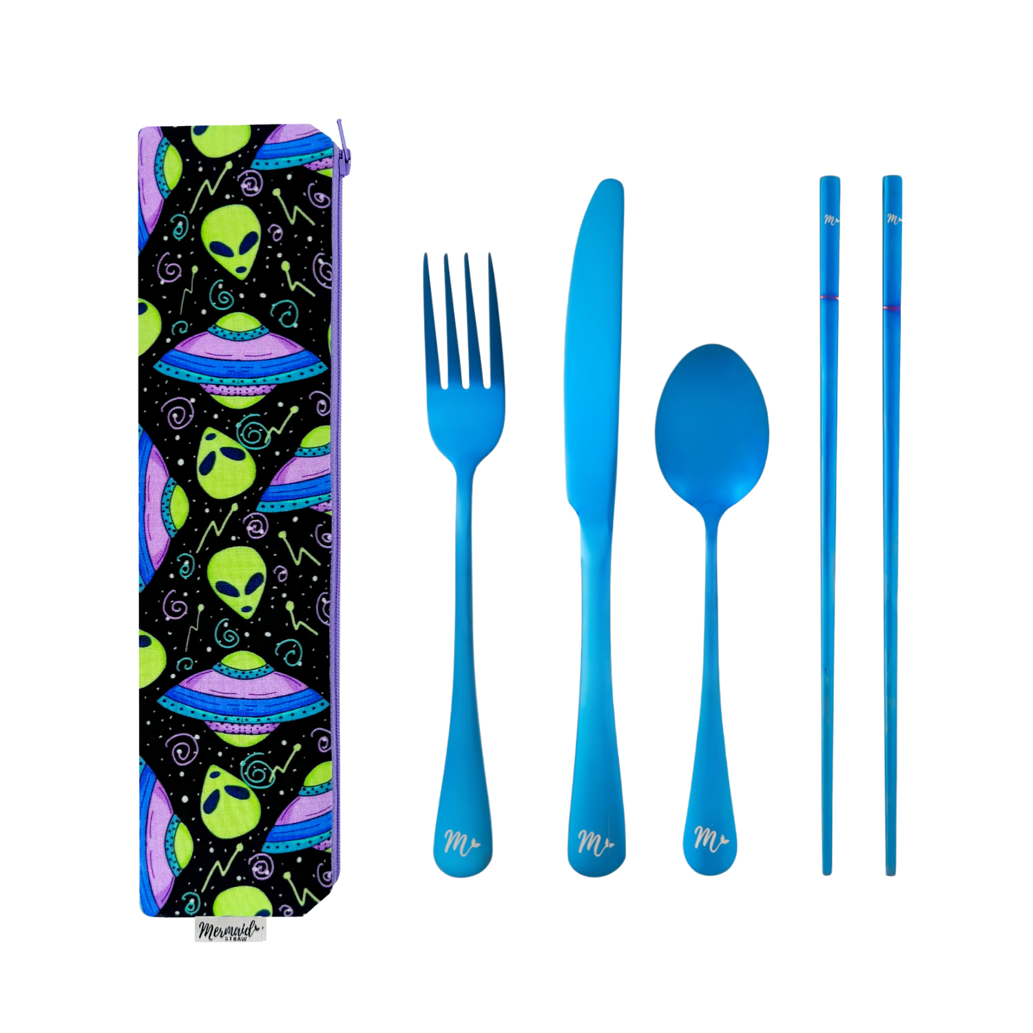 Blue utensils, including fork, knife teaspoon and set of chopsticks with a space-themed pouch featuring aliens and UFOs, ideal for space enthusiasts.