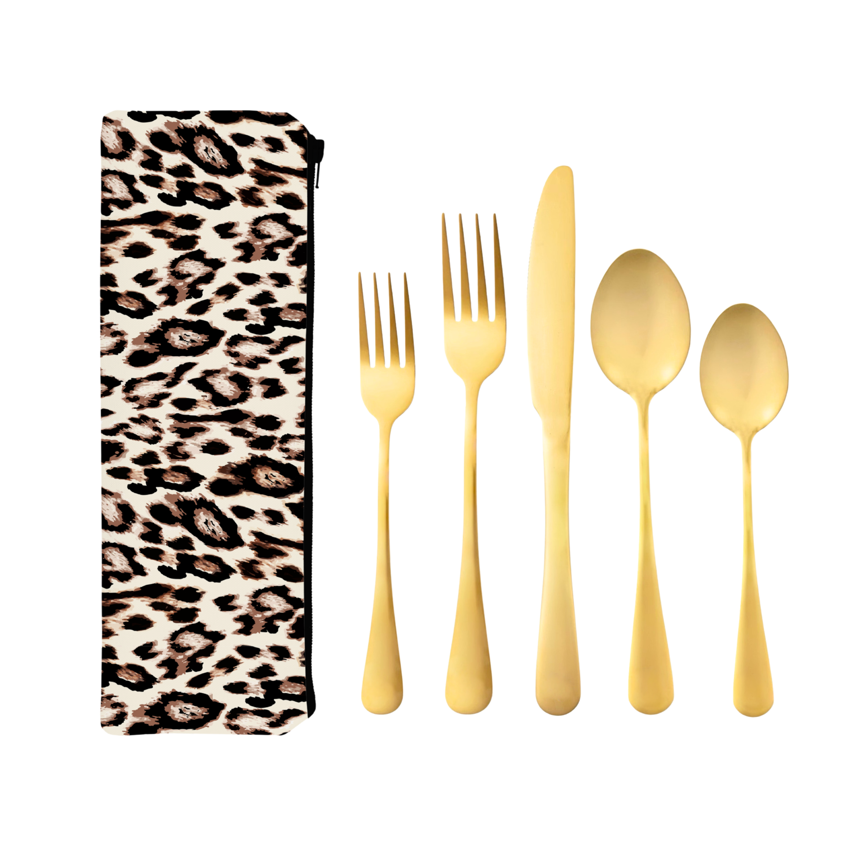 Gold cutlery set with a leopard print bag on a white background