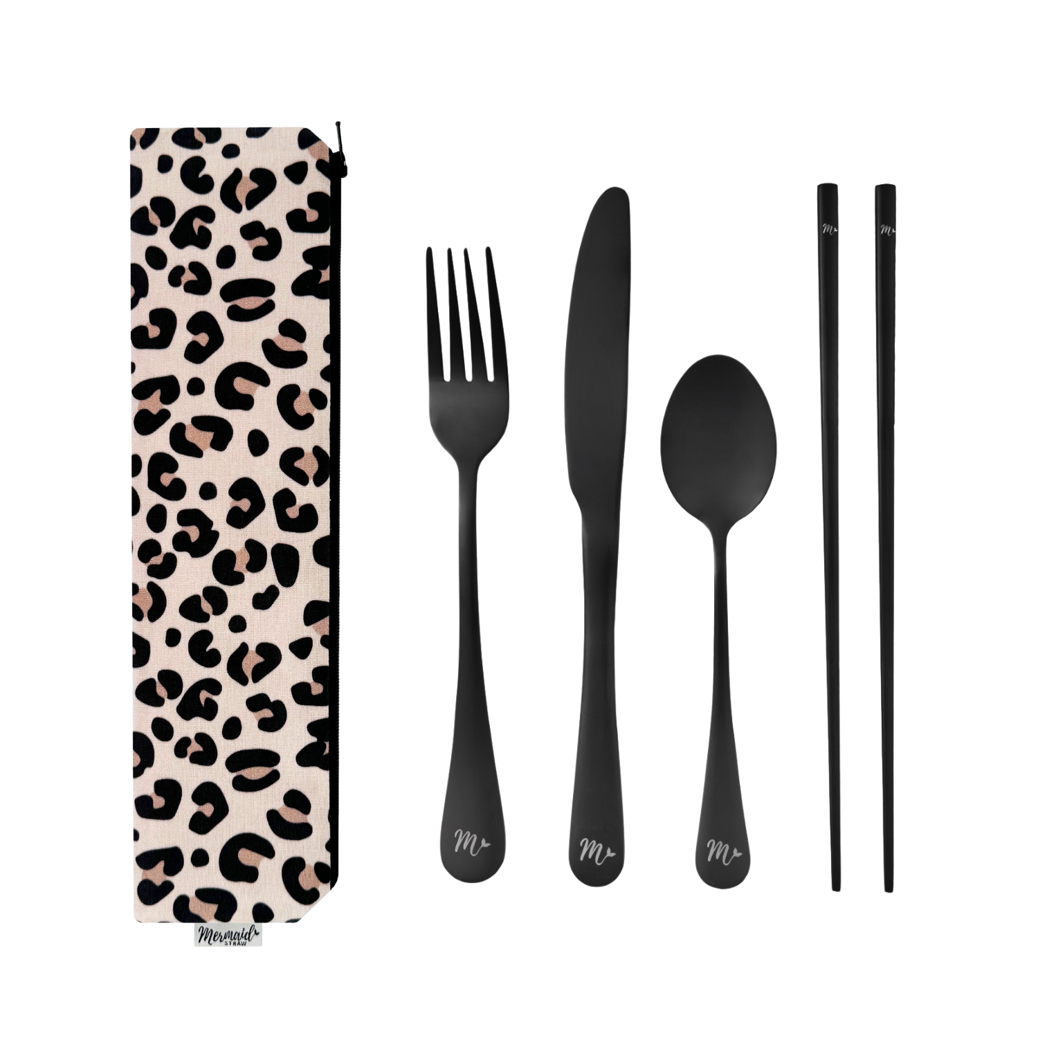 Black flatware in a bold leopard print pouch, for those who love a touch of wild style.