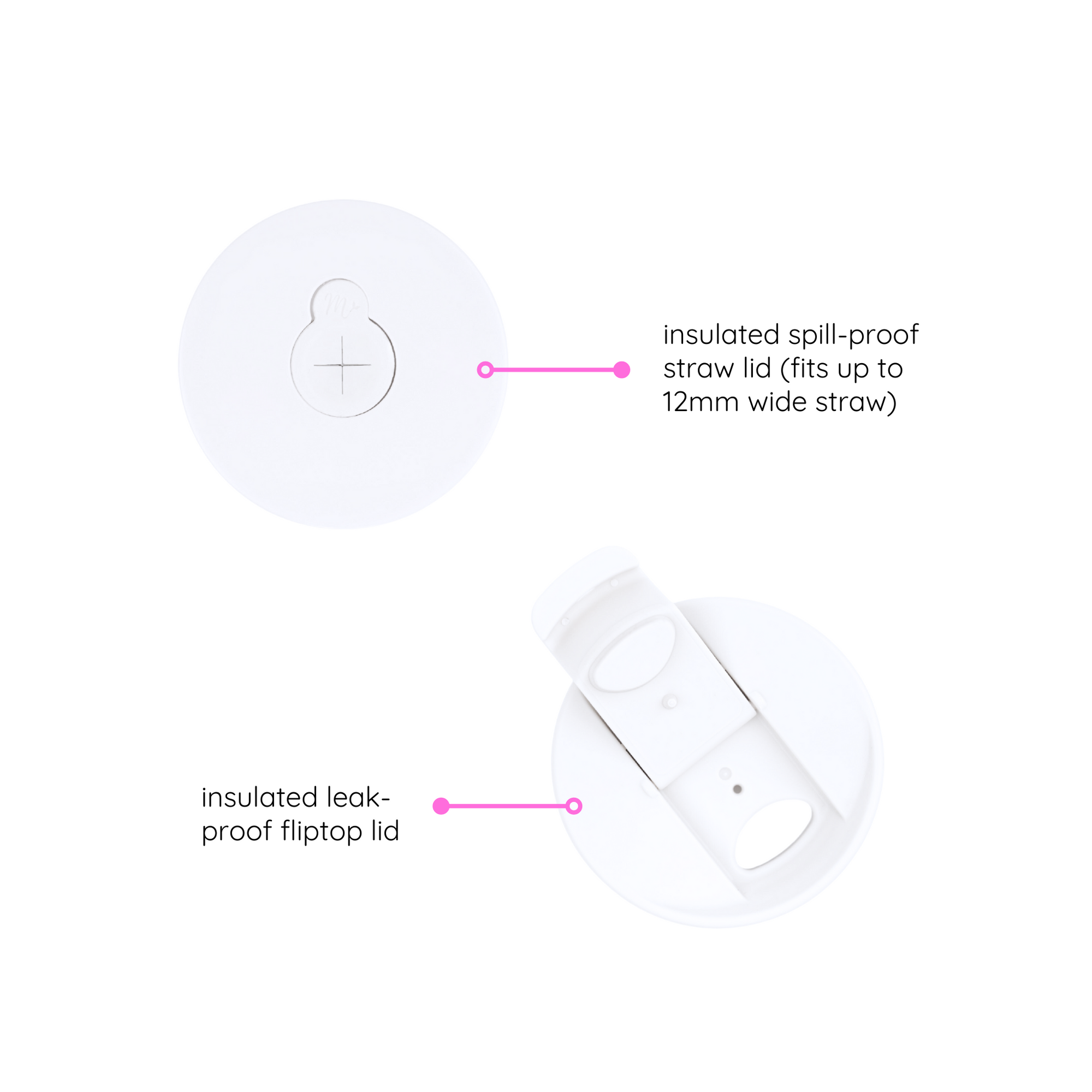 Close-up of two lids for the 22oz tumbler: an insulated spill-proof straw lid that fits up to 12mm wide straw, and an insulated leak-proof fliptop lid, showcasing the versatile and secure lid options for the tumbler.