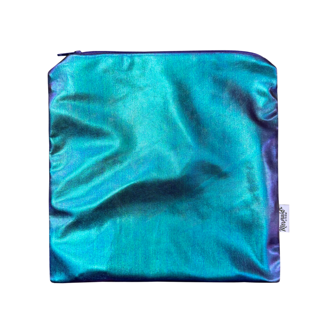mermaid colored reusable, handmade essentials bag; mermaid straw