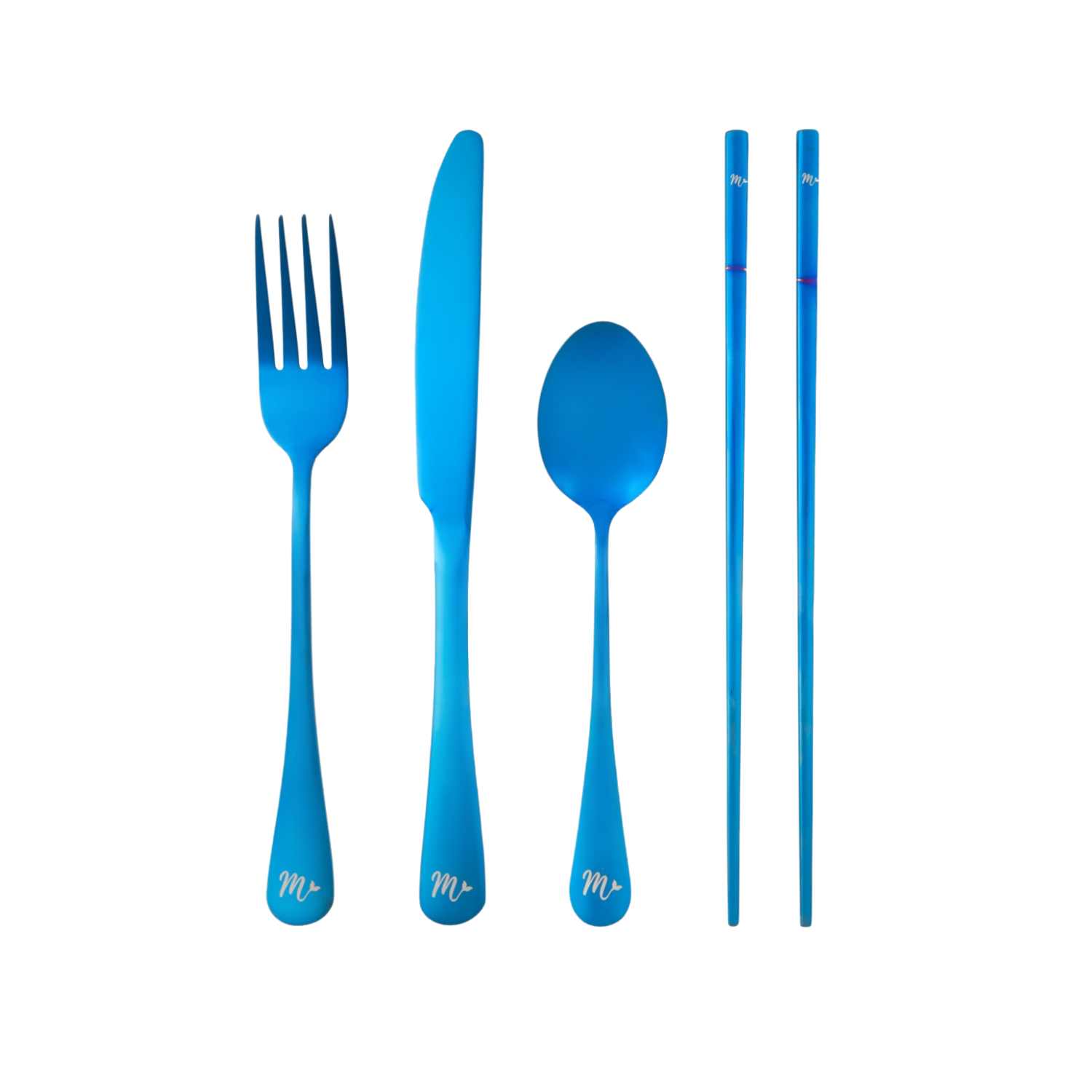 Deep blue flatware set including a fork, teaspoon, butter knife and set of chopsticks bringing a wave of freshness to your dining.